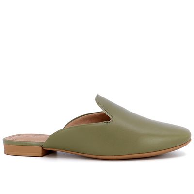 Mule Verde Militar Bico Quadrado Couro
