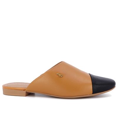 Mule Marrom Bico Quadrado Couro Preto