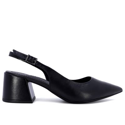 Slingback Preto Bico Fino Couro Detalhe Fivela