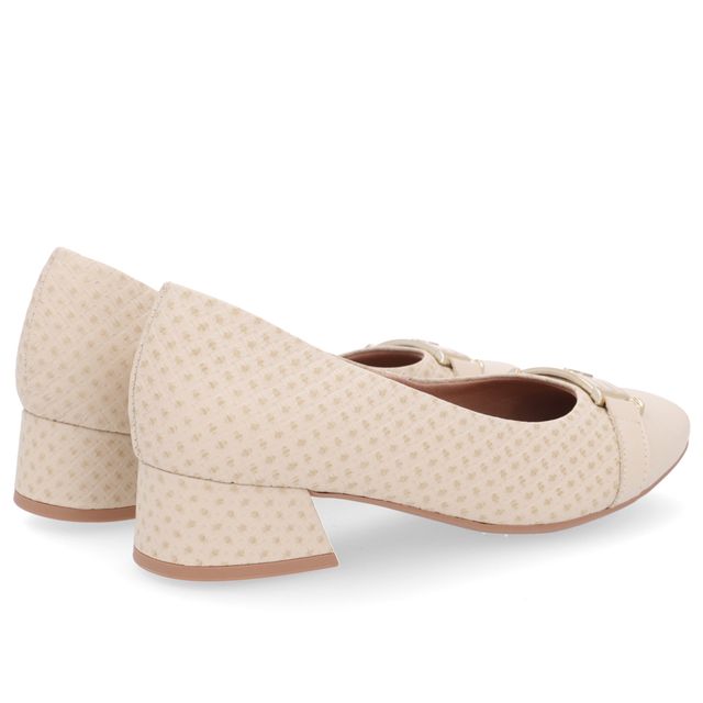 Scarpin Bege Salto Bloco Couro Detalhe Fivela