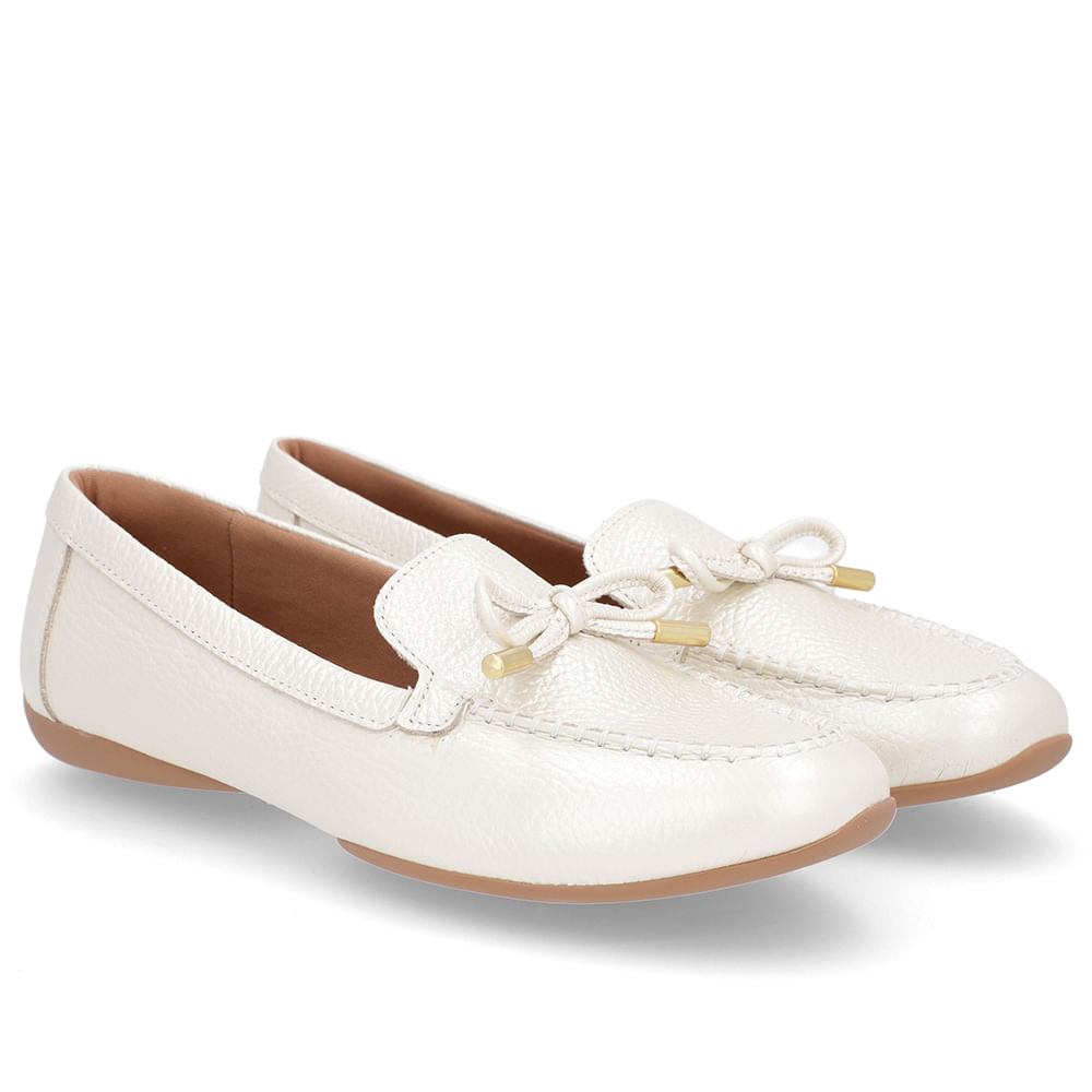 Mocassim Off-White Couro Enfeite Laço - Loja Online | Usaflex