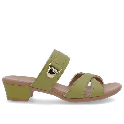 Tamanco Salto Bloco Couro Verde Enfeite